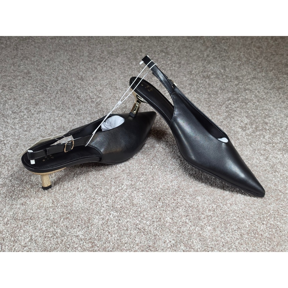 A New Day Samantha Black Slingback Pointed Toe Gold Kitten Heel Size 10 NEW - Picture 3 of 7